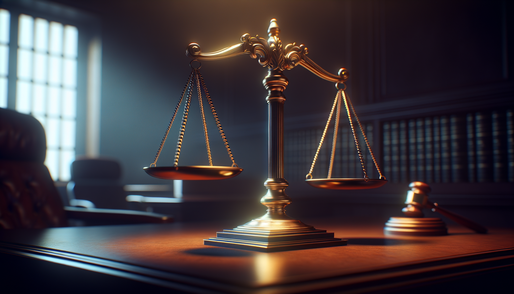 Legal scales of justice on a mahogany desk